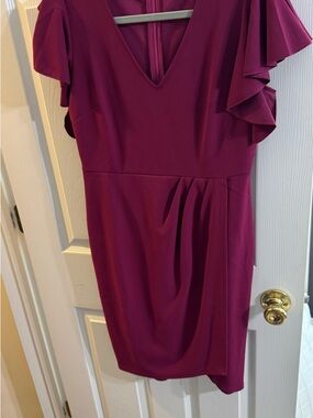 V-Neck Ruffle Sleeve Midi Dress in Berry